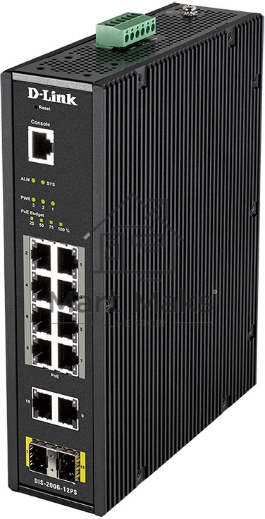 Промышленный управляемый коммутатор D-Link DIS-200G-12PS/A2A 2 уровня с 10 портами 10/100/1000Base-T и 2 портами 1000Base-X SFP (8 портов с поддержкой PoE 802.3af/802.3at (30 Вт), PoE-бюджет до 240Вт)