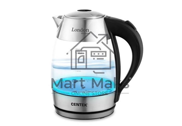 Чайник Centek CT-0059 London, стекло, 1.8л, 2200Вт, LED-подсветка, отделка нерж.