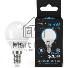 Лампа светодиодная Gauss 105101307 6.5Вт цок.:E14 шар 220B 6500K св.свеч.бел.хол. (упак.:10шт)