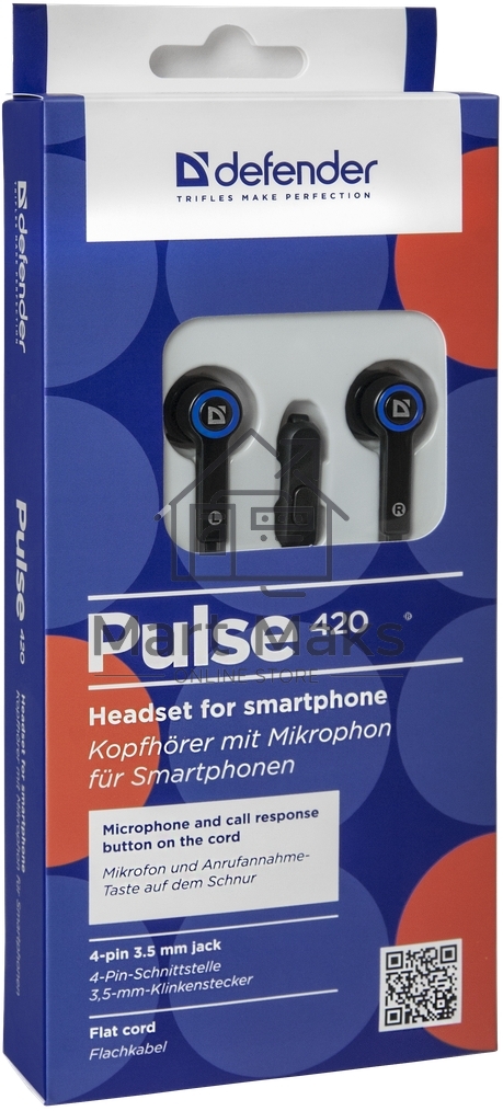 Гарнитура Defender Pulse-420 черный/синий 4-пин 3 5 мм jack кабель 1.2 м
