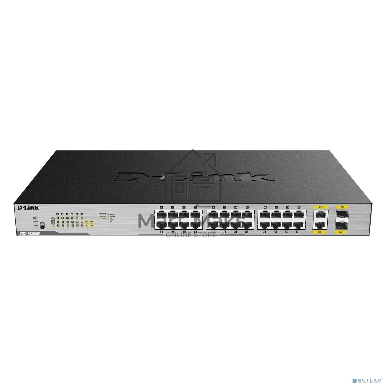 Неуправляемый коммутатор D-Link DGS-1026MP/B2A с 24 портами 10/100/1000Base-T, 2 комбо-портами 100/1000Base-T/SFP (24 порта PoE 802.3af/at, PoE-бюджет 370 Вт)