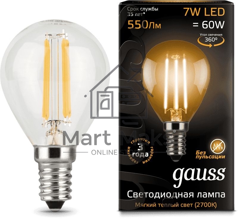 Лампа светодиодная Filament Шар E14 7Вт 2700К GAUSS 105801107