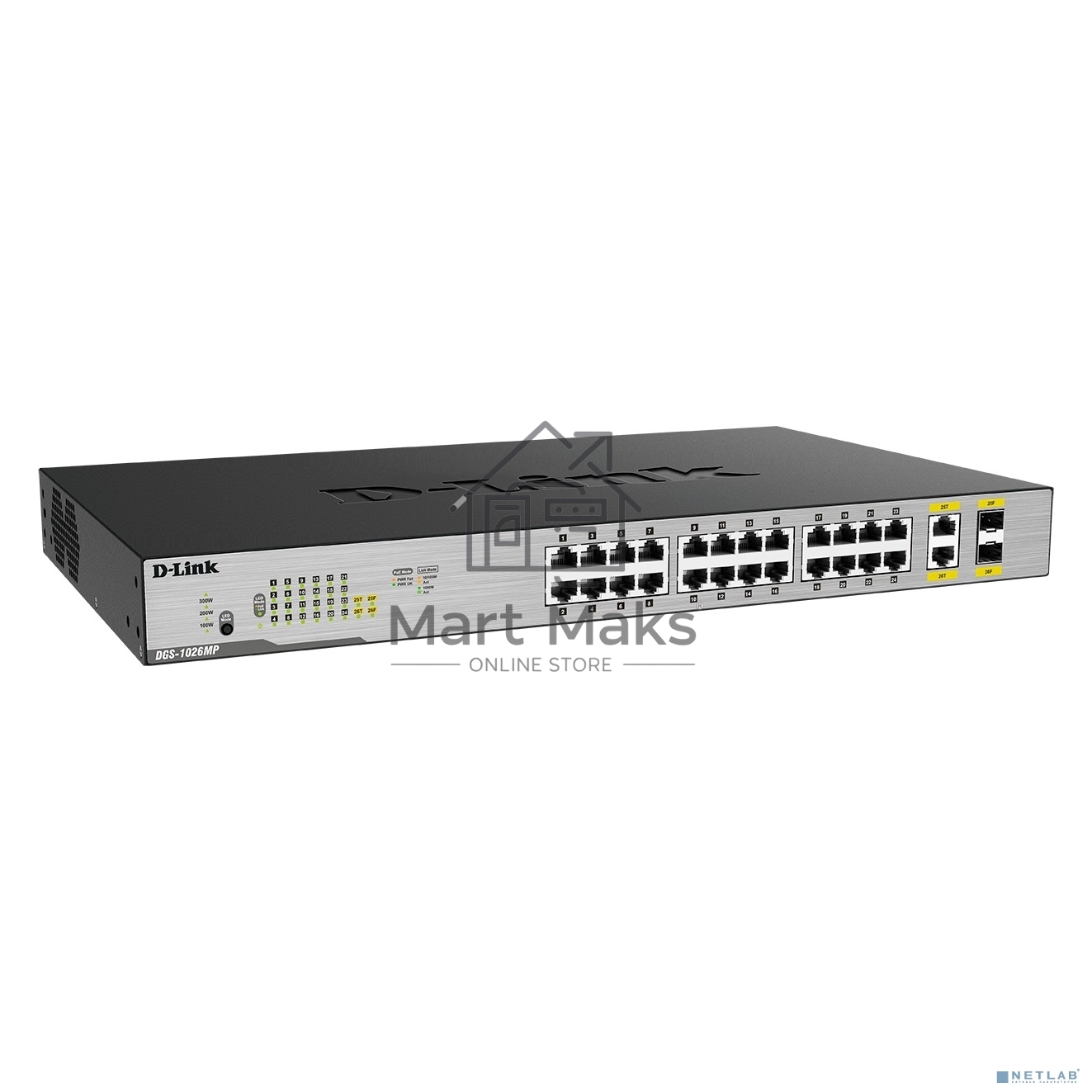 Неуправляемый коммутатор D-Link DGS-1026MP/B2A с 24 портами 10/100/1000Base-T, 2 комбо-портами 100/1000Base-T/SFP (24 порта PoE 802.3af/at, PoE-бюджет 370 Вт)