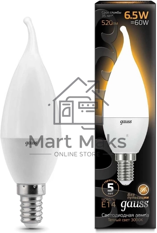 Лампа светодиодная GAUSS 104101107LED Candle tailed E14 6.5W 2700K