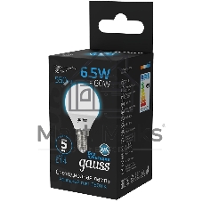 Лампа светодиодная Gauss 105101307 6.5Вт цок.:E14 шар 220B 6500K св.свеч.бел.хол. (упак.:10шт)