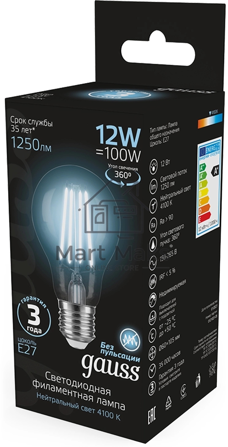 Лампа Gauss Filament А60 12W 1250lm 4100К Е27 LED 1/10/40