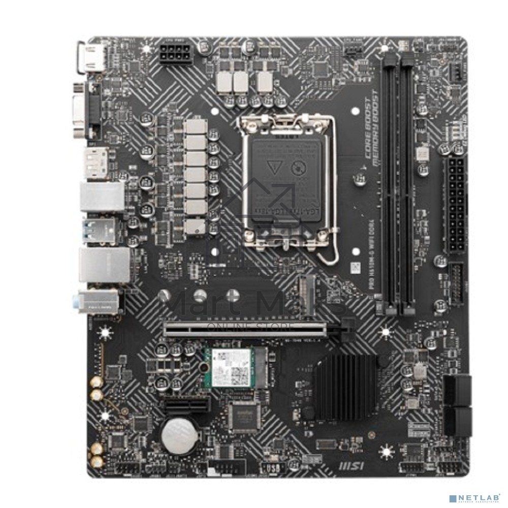 Материнская плата MSI PRO H610M-G WIFI DDR4, Socket LGA 1700, Intel H610, 2xDDR4, 4xSATA, 1xM.2, 1xPCIe 4.0 x16, 1xPCIe 3.0 x1, 1xHDMI, 1xDP, 1xVGA, 1x 1Gb LAN, 4xUSB-A 2.0, 2xUSB-A 5Gbps, 3x3.5 мм, 7.1, mATX