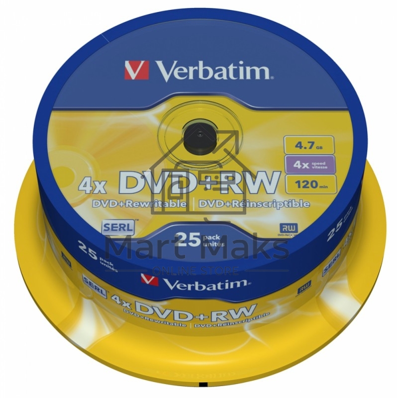 Диск DVD+RW Verbatim 4.7Gb 4x Cake Box (25шт) (43489)