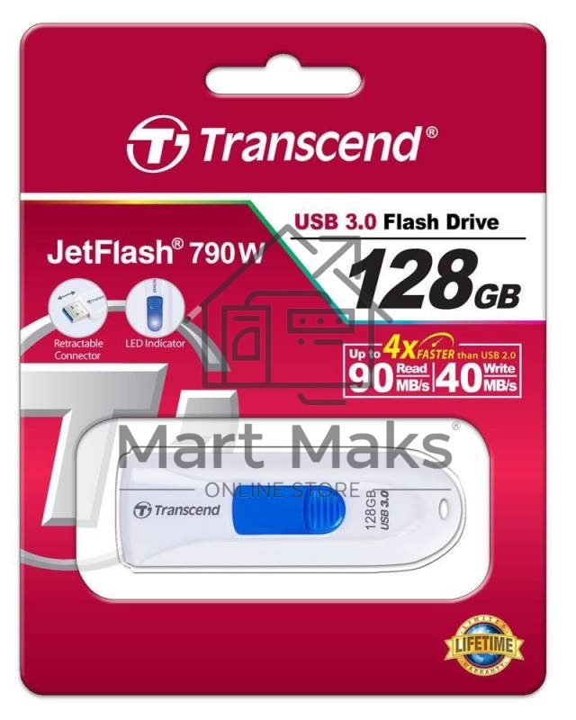 Флешка USB Transcend Jetflash 790 (TS128GJF790W), 128Gb, USB 3.0, R/W 90/40, белый
