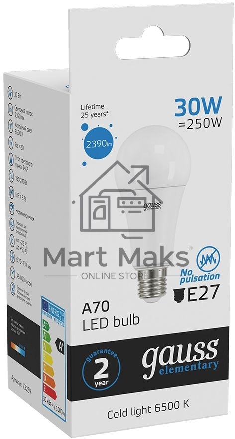 Светодиодная лампа LED Elementary A67 30W E27 2390lm 6500K 1/10/50 0 GAUSS 73239