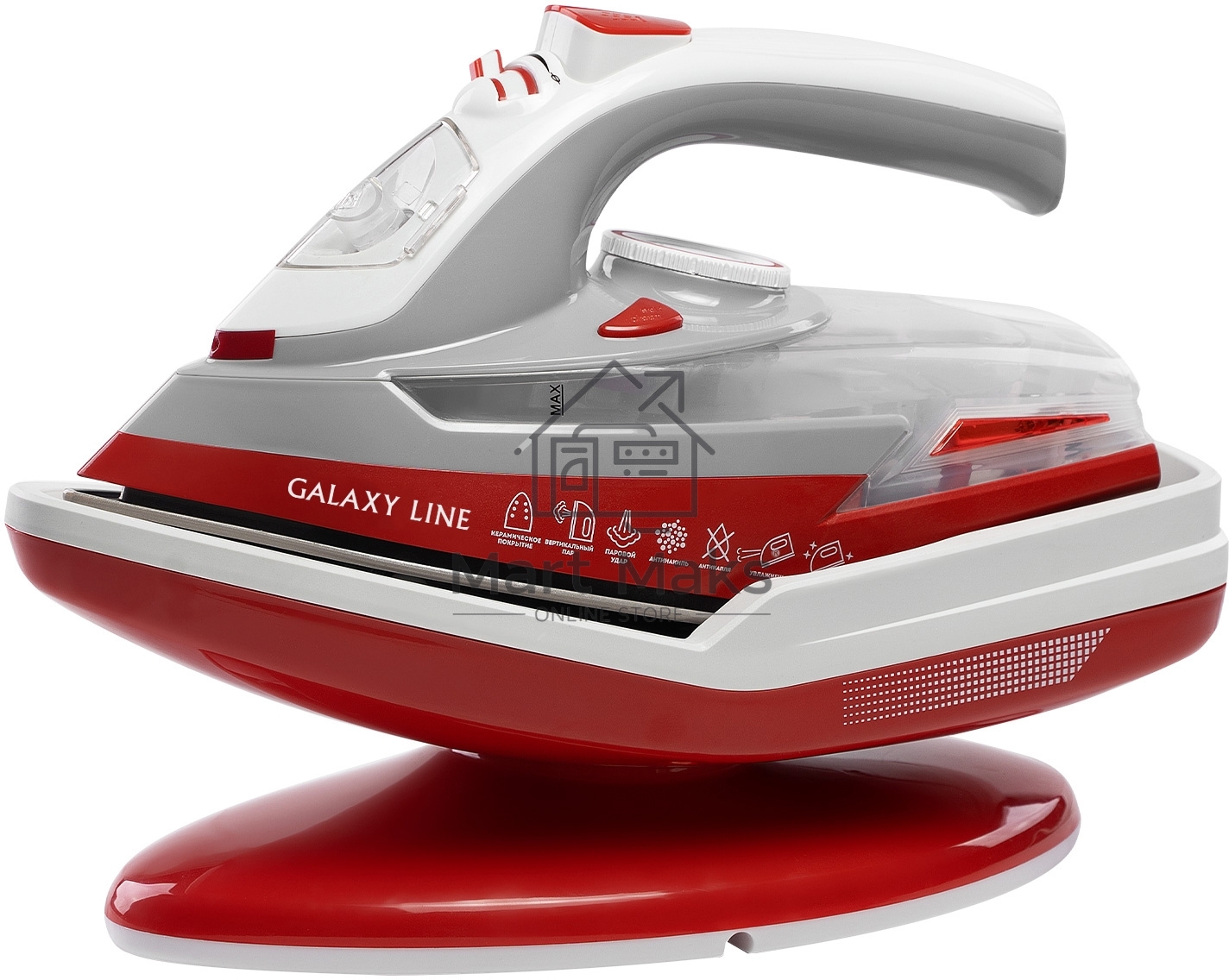 Утюг Galaxy Line GL 6150, красный с белым, паровой, 2200 Вт, постоянный пар 45 г/мин, паровой удар 170 г/мин, функции: самоочистка, антикапля, антинакипь, функция увлажнения, вертикальное отпаривание, индикатор нагрева, защита от перегрева, подставка для 