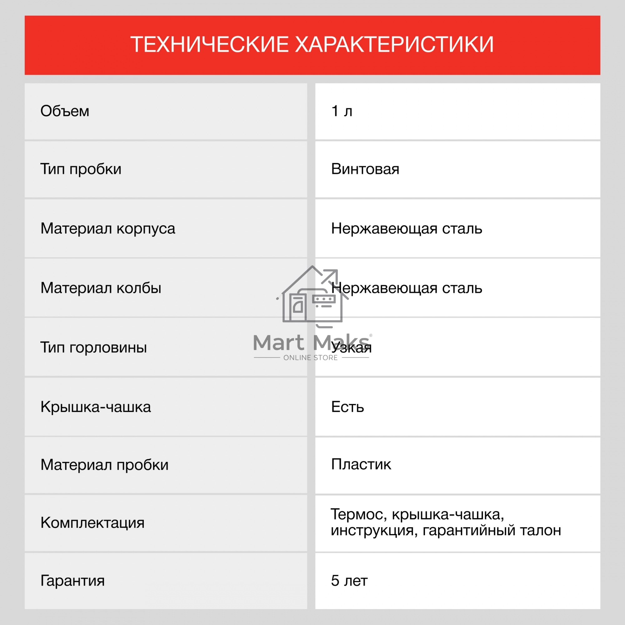 Термос Starwind 10-1000 1л. серебристый/красный картонная коробка