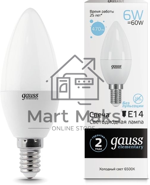 Лампа светодиодная LED Elementary Candle 6Вт E14 6500К Gauss 33136