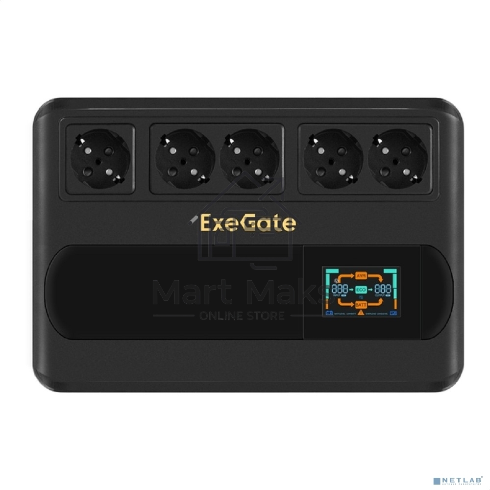 Источник бесперебойного питания ExeGate NEO Smart BU-600.LCD.AVR.5SH <600VA/360W, цветной LCD-дисплей, AVR, 5*Schuko, Black>