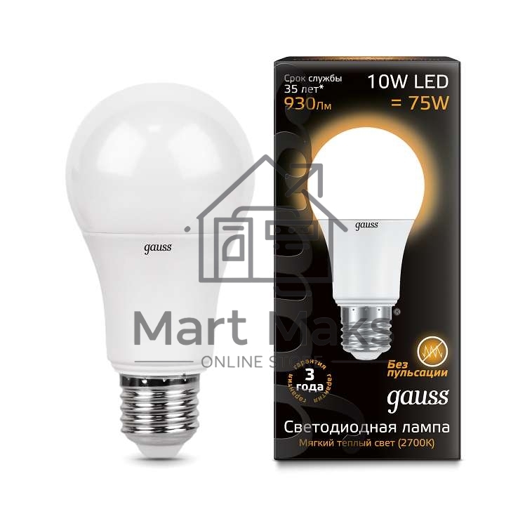 Лампа светодиодная GAUSS 102502110 LED A60 10W E27 880lm 3000K 1/10/50
