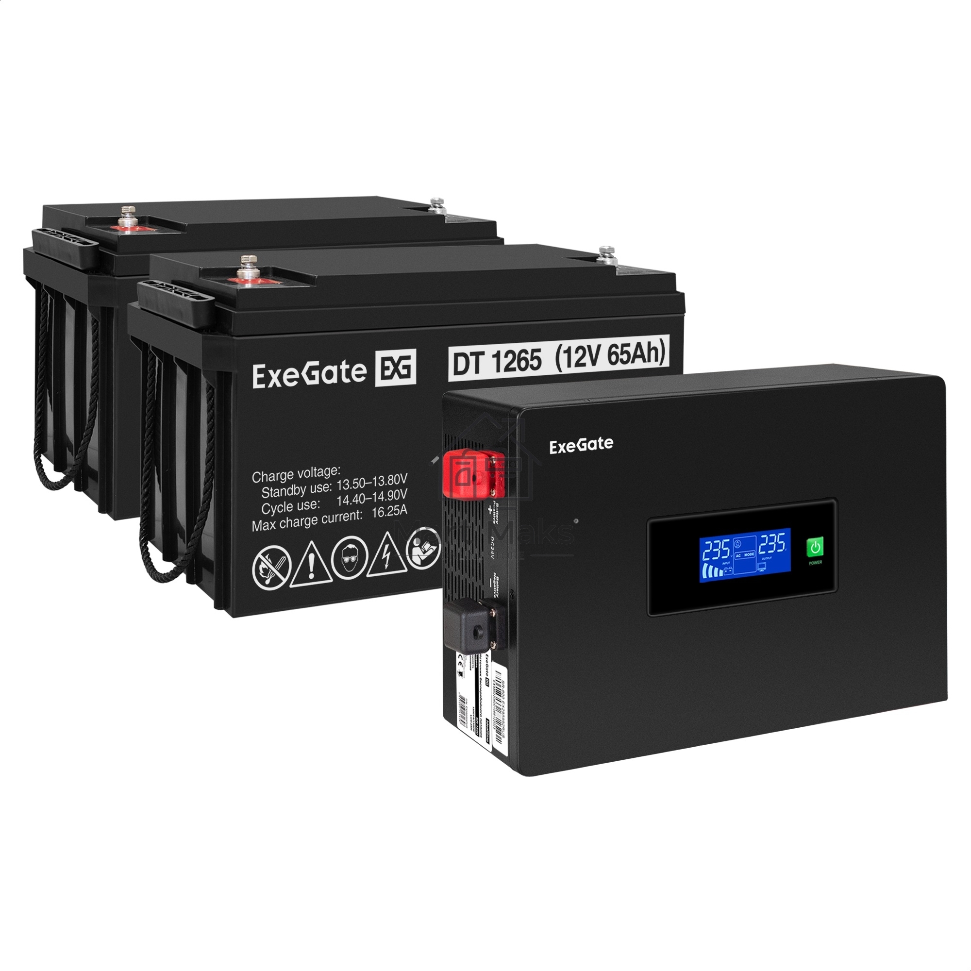 Комплект ИБП EX295994RUS + батарея 65Aч EX282980RUS 2шт (инвертор, синус, для котла, PF=1, настенный) ExeGate IdealSine SR-1500.LCD.2SH  <1500VA/1500W, чистая синусоида, цветной LCD-дисплей, 2*Schuko, крепление настенное, Black> + батарея ExeGate DT 1265 