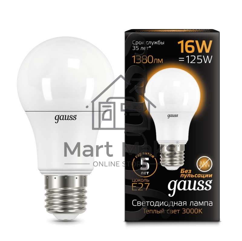 Лампа светодиодная Gauss LED A60 16W E27 1380lm 3000K 1/10/50 102502116