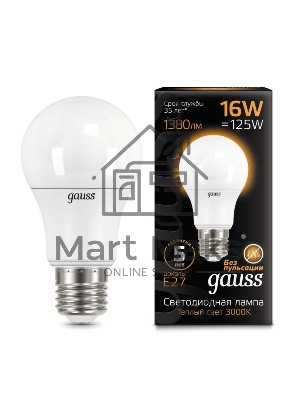Лампа светодиодная Gauss LED A60 16W E27 1380lm 3000K 1/10/50 102502116