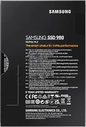 Накопитель SSD Samsung 980, 250GB, PCIe 3.0 x4, M.2 2280, NVMe, R/W 2900/1300