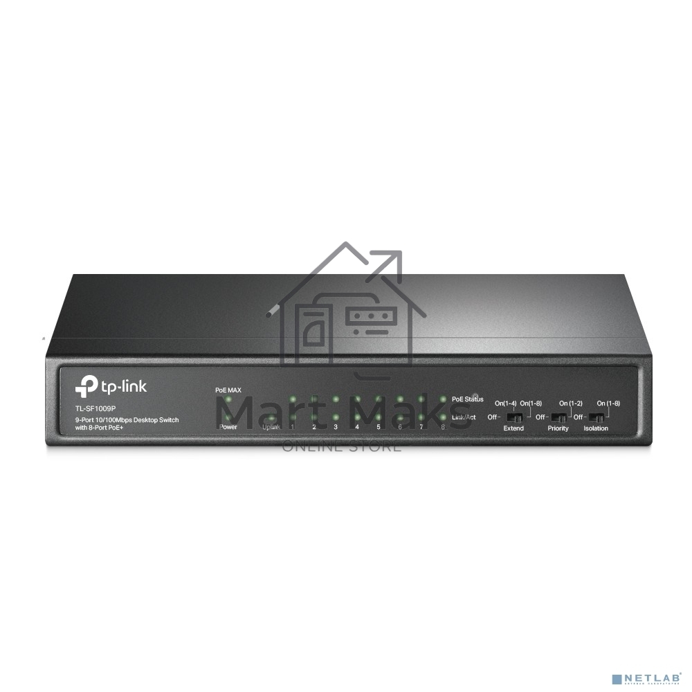 Коммутатор 9-port 10/100Mbps unmanaged switch with 8 PoE+ ports, compliant with 802.3af/at PoE, 65W PoE budget, support 250m Extend Mode, Priority mode and Isolation mode, desktop mount, plug and play.
