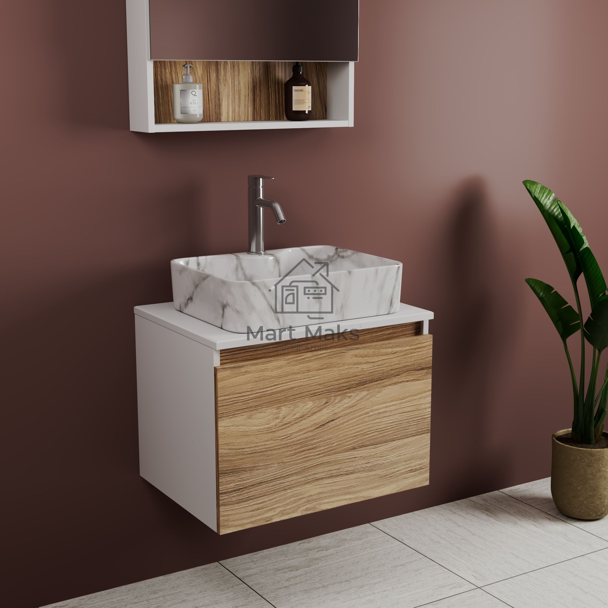 Комплект: тумба Bau Dream Blackwood 60, 1 ящик, раковина прямоугольная BAU Cerama 48х37, мрамор, смеситель Hotel Dream, нерж сталь