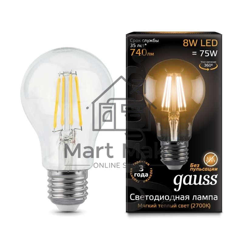 Лампа светодиодная Filament A60 E27 8Вт 2700К GAUSS 102802108