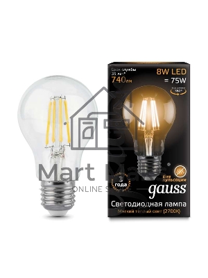Лампа светодиодная Gauss Filament A60 E27 8Вт 2700К