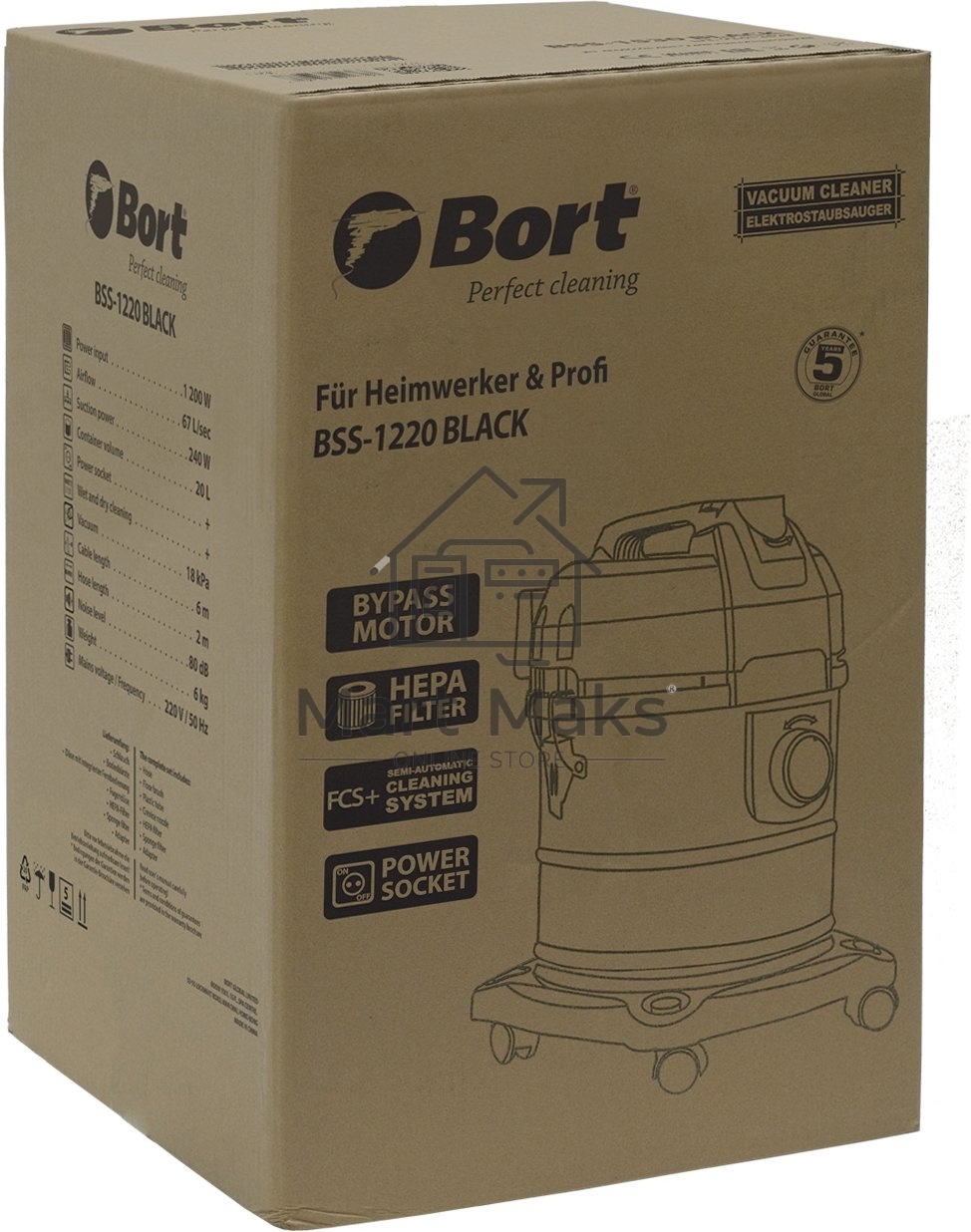 Строительный пылесос Bort BSS-1220 черный (93412598) 240/1200 Вт, уборка сухая/влажная, пылесборник мешок/контейнер, 20 л