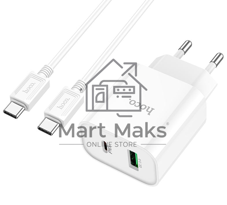 Блок питания (сетевой адаптер) HOCO C80A Plus с кабелем Type-C-Type-C, QC3.0, 20W, белый