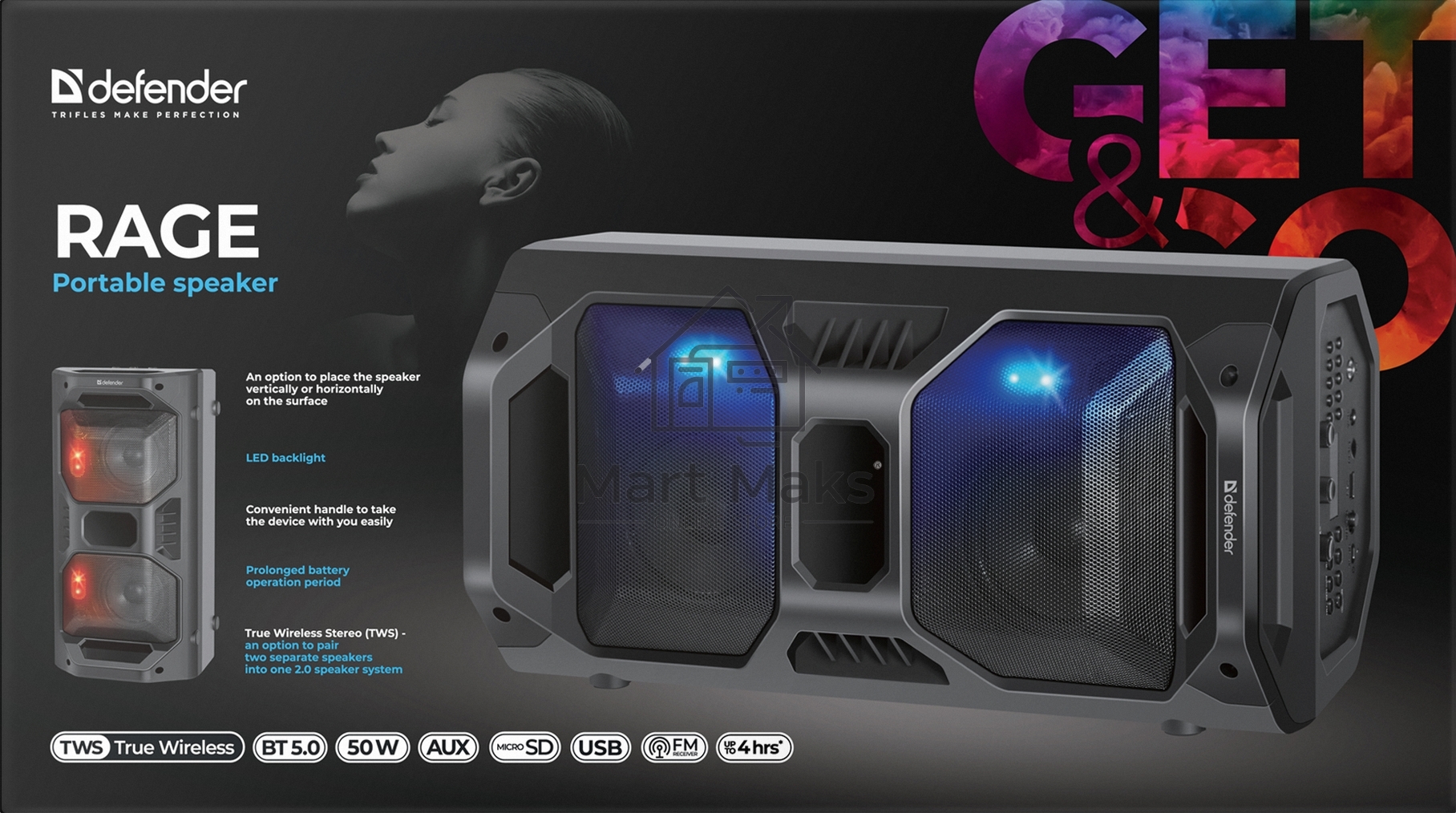 Портативная акустика Defender Rage 50 Вт Light/BT/FM/USB/LED/TWS черный