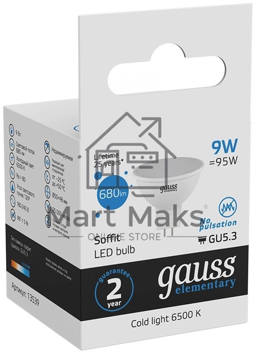 Лампа светодиодная Gauss Elementary MR16 9Вт цок.:GX5.3 спот 220B 6500K св.свеч.бел.хол. MR16 (упак.:10шт) (13539)