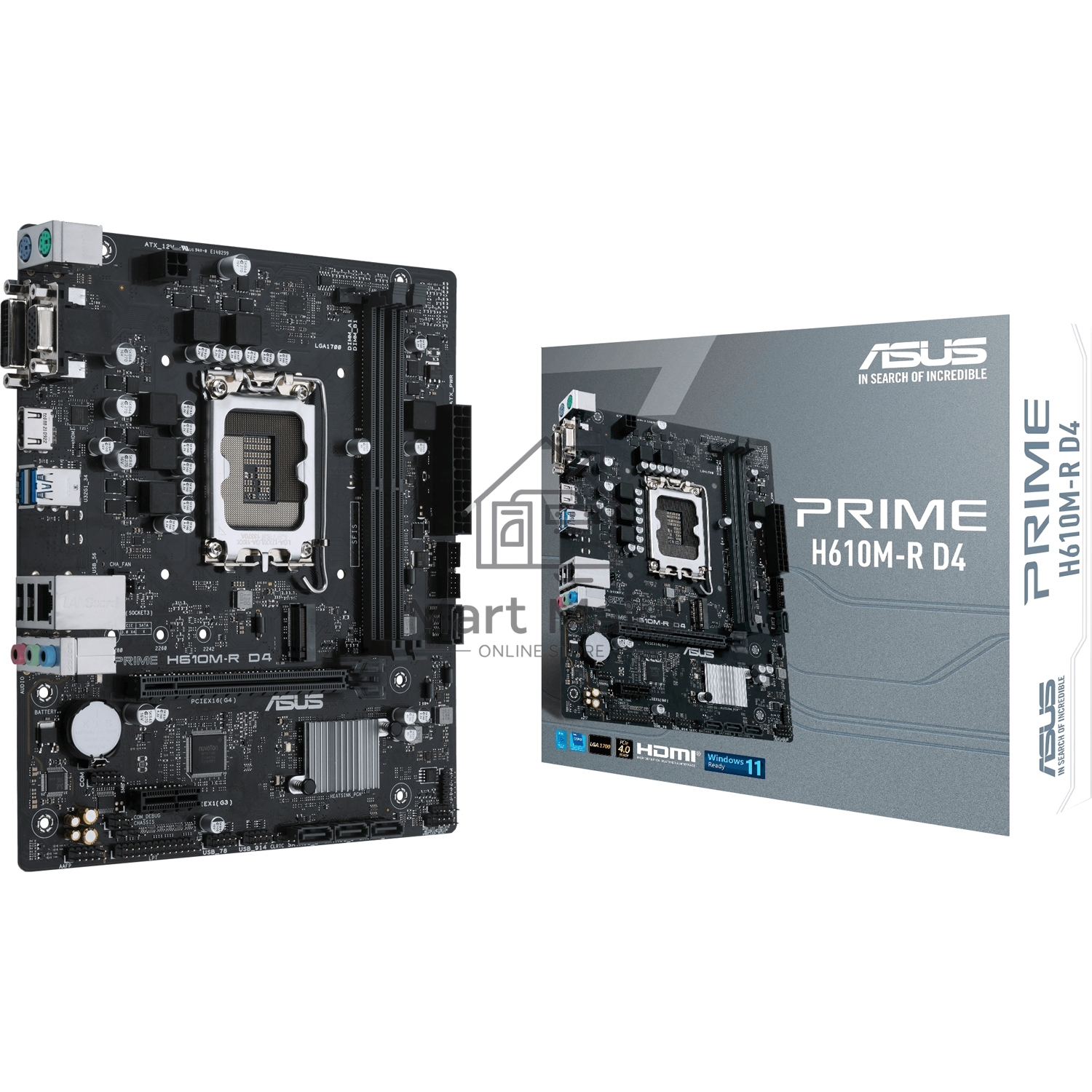 Материнская плата ASUS PRIME H610M-R D4-SI, LGA 1700, Intel H610, 2xDDR4, 4xSATA, 1xM.2 PCIe 3.0 x4, 1xPCIe 4.0 x16, 1xPCIe x1, 1xHDMI, 1xDVI, 1xVGA, 2xUSB-A 2.0, 2xUSB-A 3.2 Gen 1, 1x 1Gb LAN, 3x3.5 мм, 7.1, mATX