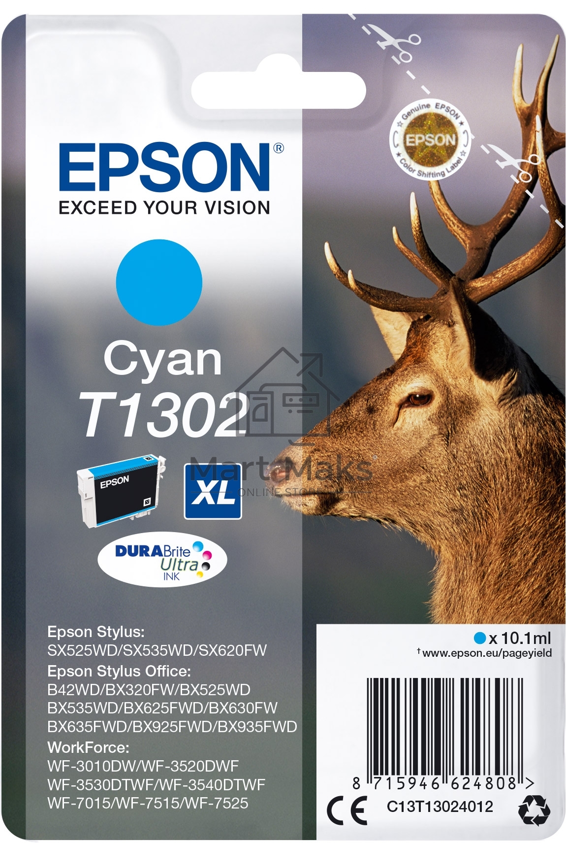 Картридж струйный Epson T1302 (C13T13024012/C13T13024010) голубой, 10.1 мл, для St SX525WD/SX535WD/St Of B42WD/BX320FW/BX625FWD/BX635FWD/WF-7015/7515/7525