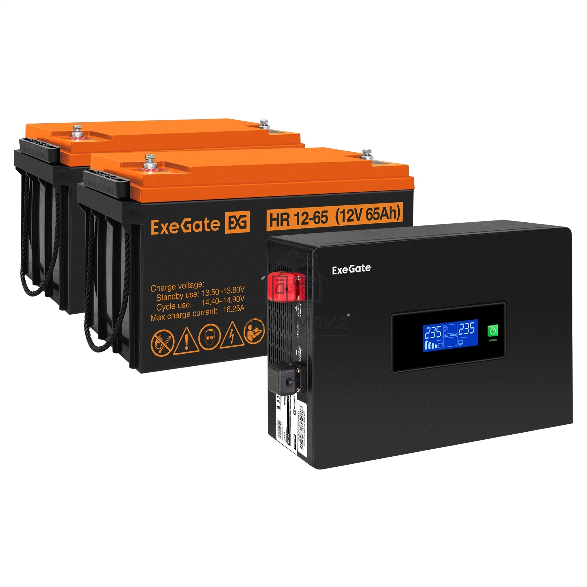 Комплект ИБП EX295994RUS + батарея 65Aч EX282982RUS 2шт (инвертор, синус, для котла, PF=1, настенный) ExeGate IdealSine SR-1500.LCD.2SH  <1500VA/1500W, чистая синусоида, цветной LCD-дисплей, 2*Schuko, крепление настенное, Black> + батарея ExeGate HR 12-65