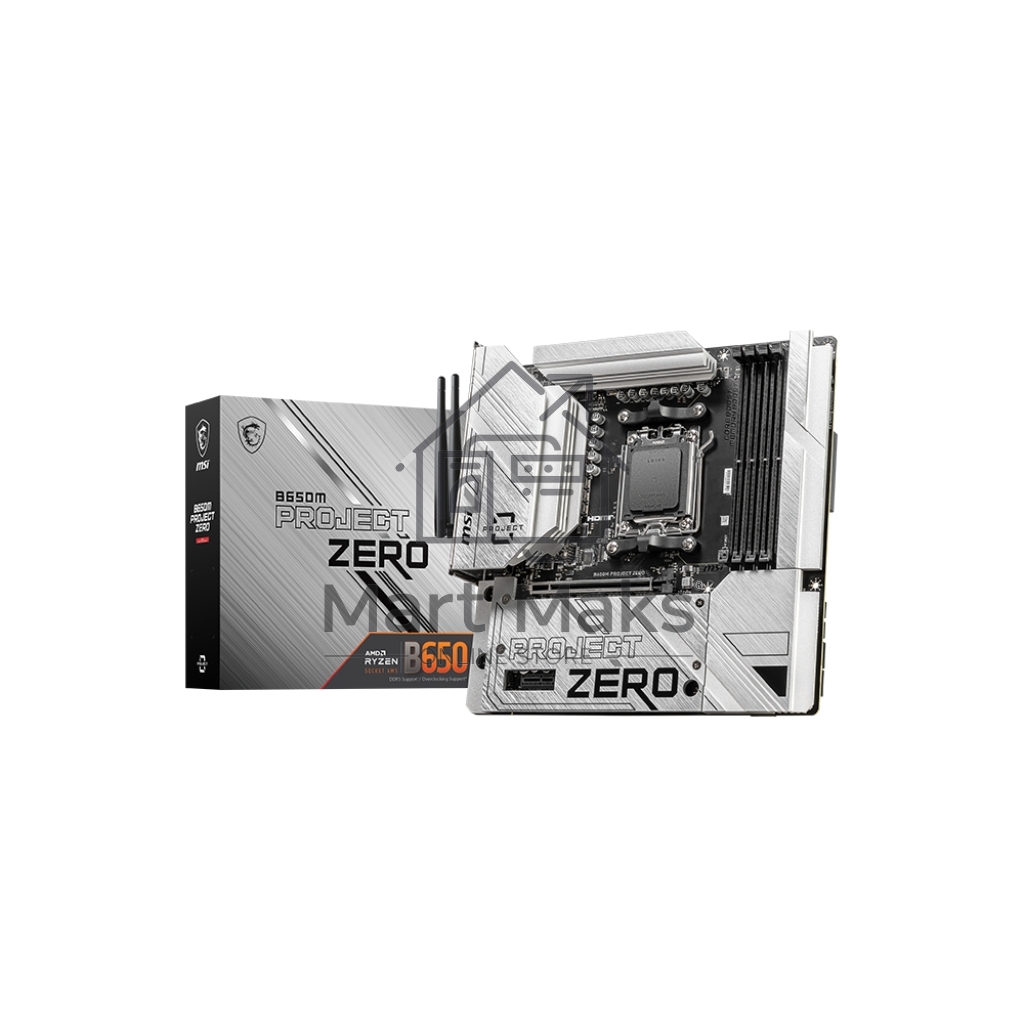 Материнская плата MSI B650M PROJECT ZERO, AM5, AMD B650, 4xDDR5, 4xSATA, 2xM.2, 1xPCIe 4.0 x16, 1xPCIe x1, 1xDP, 1xHDMI, 1x 2.5Gb LAN, 2xUSB-A 2.0, 2xUSB 3.2 Gen 1, 3xUSB 3.2 Gen 2, 3x3.5 мм, 7.1, mATX