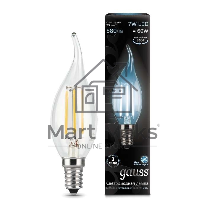 Светодиодная лампа GAUSS 104801207 LED Filament Свеча на ветру E14 7W 580lm 4100К 1/10/50
