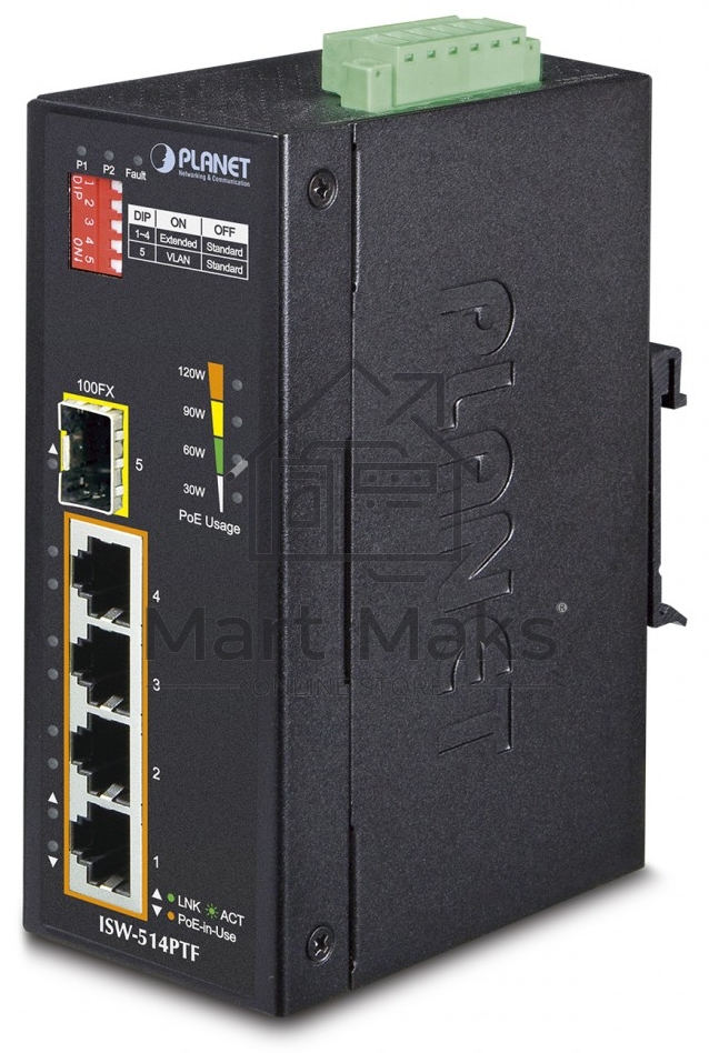 Индустриальный PoE коммутатор Planet ISW-514PTF для монтажа в DIN-рейку IP30 4-Port/TP + 1-Port Fiber(SFP) POE Industrial Fast Ethernet Switch (-40 to 75 C)