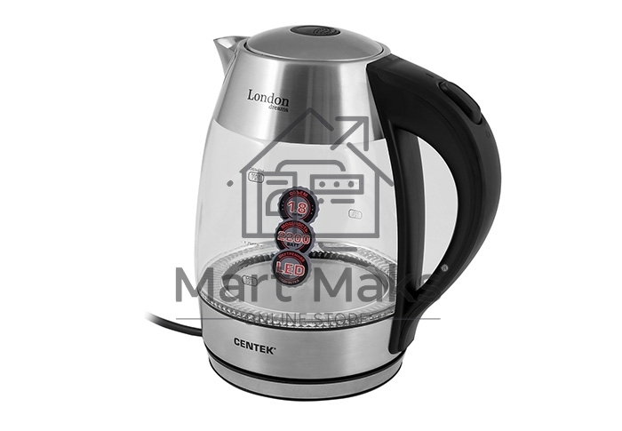 Чайник Centek CT-0059 London, стекло, 1.8л, 2200Вт, LED-подсветка, отделка нерж.