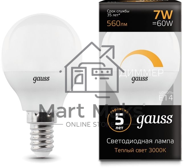 Лампа светодиодная Led Globe-dim E14 7Вт 3000К диммируемая Gauss 105101107-D