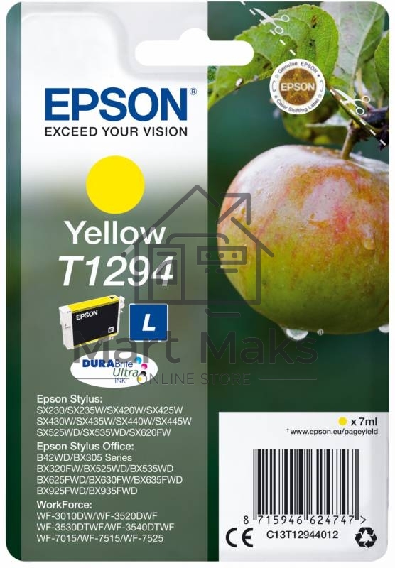 Картридж струйный Epson T1294 (C13T12944012/C13T12944011/C13T12944010) желтый, 7 мл., для SX420/425/525WD/B42WD/BX320FW