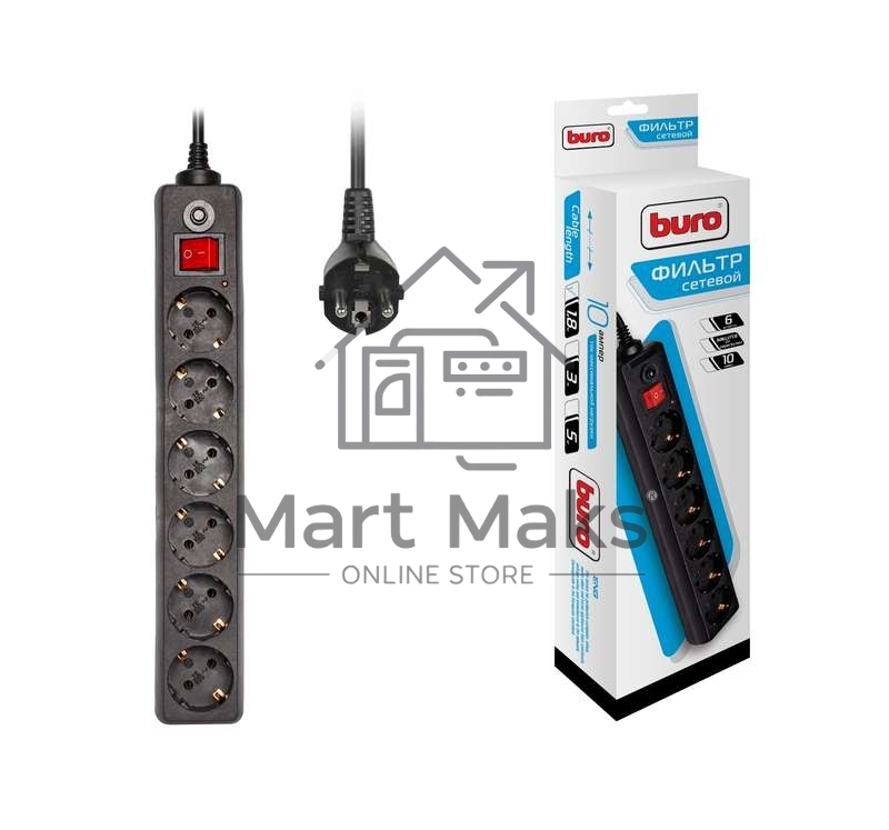 Сетевой фильтр Buro 600SH-1.8-B 1.8м (6 розеток) черный (коробка)