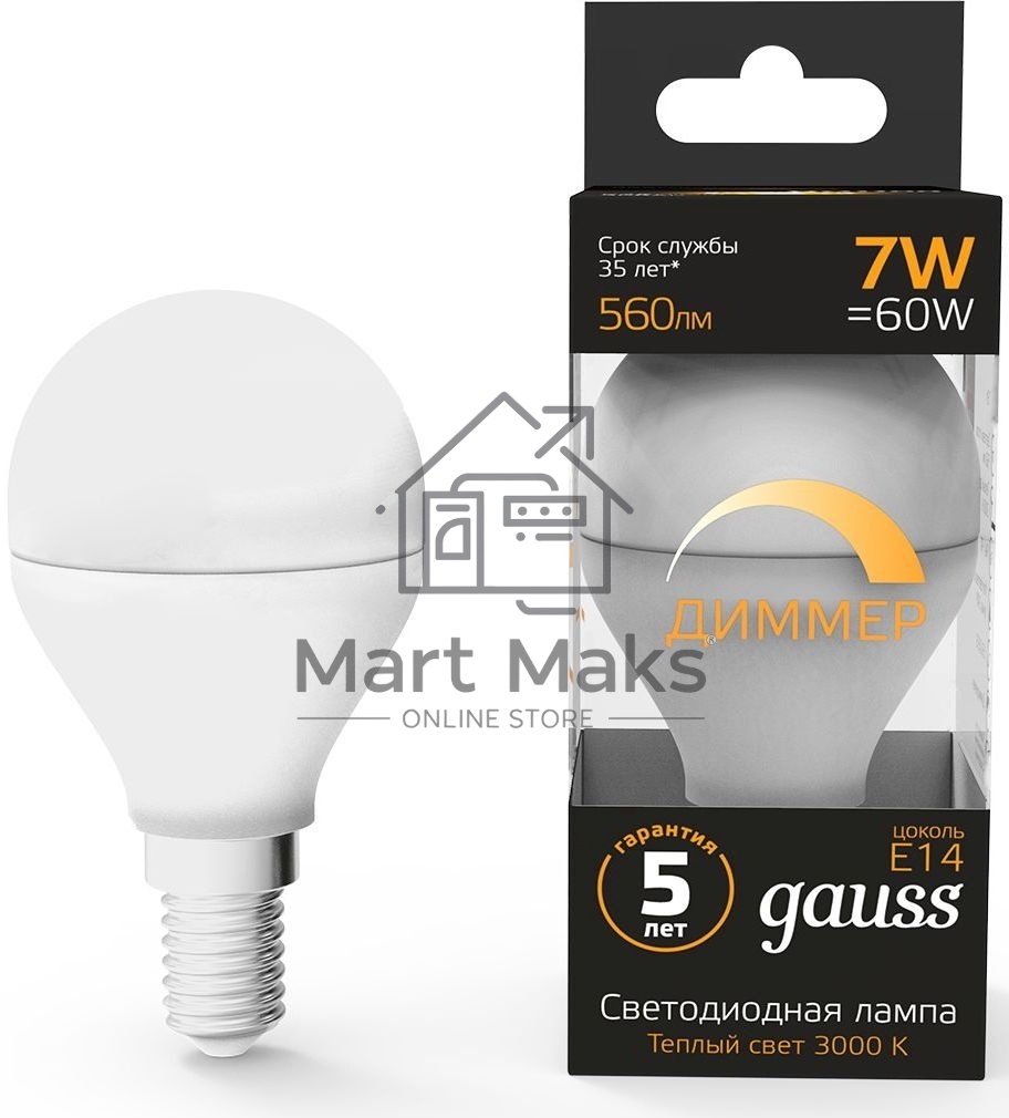 Лампа светодиодная Led Globe-dim E14 7Вт 3000К диммируемая Gauss 105101107-D