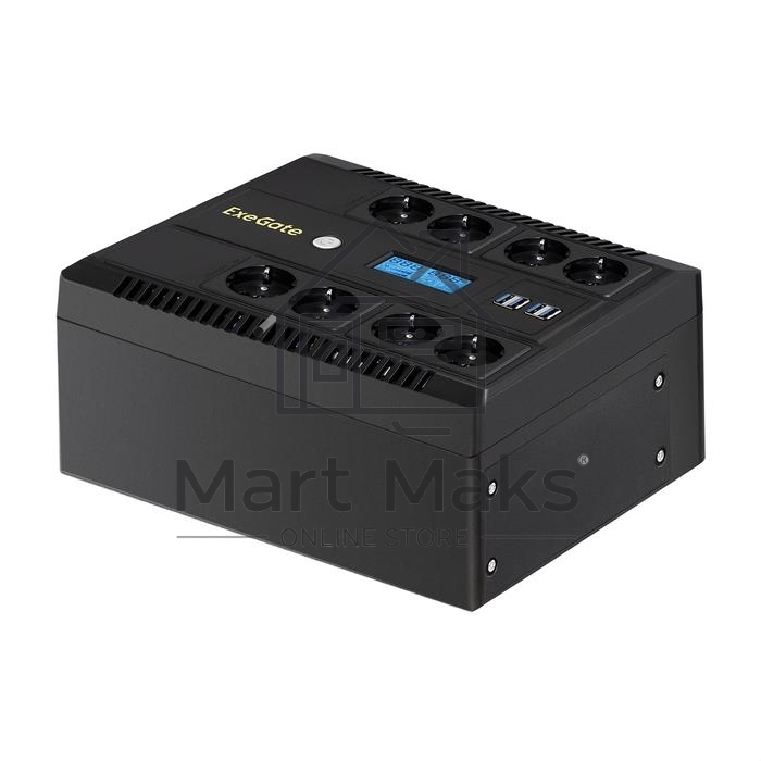Источник бесперебойного питания ExeGate NEO Smart LHB-1000.LCD.AVR.8SH.CH.USB <1000VA/650W, LCD, AVR, 8*Schuko, USB, 4*USB-порта для зарядки, Black>