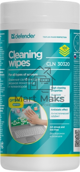 Чистящие салфетки Defender CLN 30320 ECO для экранов всех видов: ЭЛТ, ЖК, плазменными панелями / туба / 100 шт / Россия