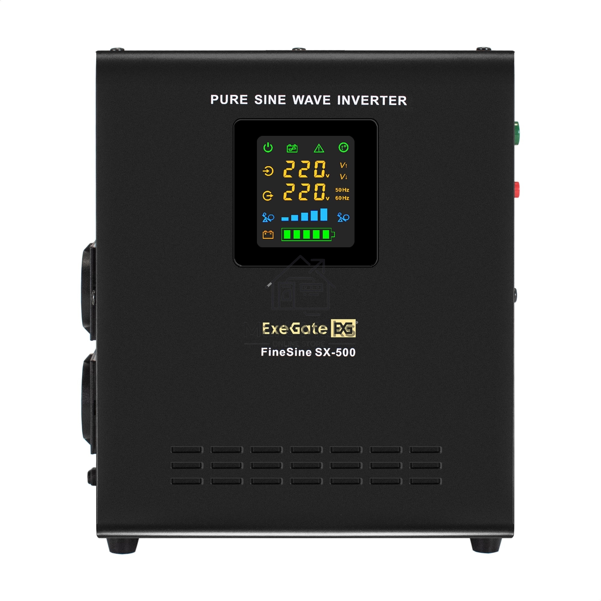 Комплект ИБП EX295995RUS + батарея 45Aч EX285666RUS 1шт (инвертор, синус, для котла, настенный) ExeGate FineSine SX-500.LCD.AVR.2SH <500VA/300W, чистая синусоида, цветной LCD-дисплей, AVR, 2*Schuko, линейно-интерактивный, крепление настенное/универсальное