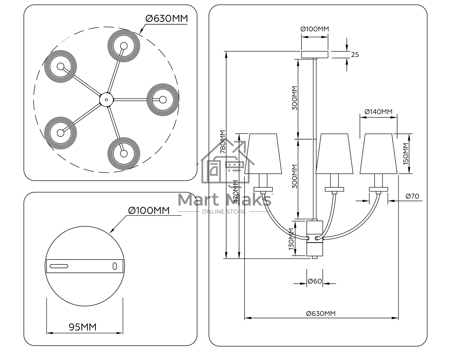 Люстра Ambrella light LH75351/5 SB/WH бронза/белый E14*5 max 40W D630*780