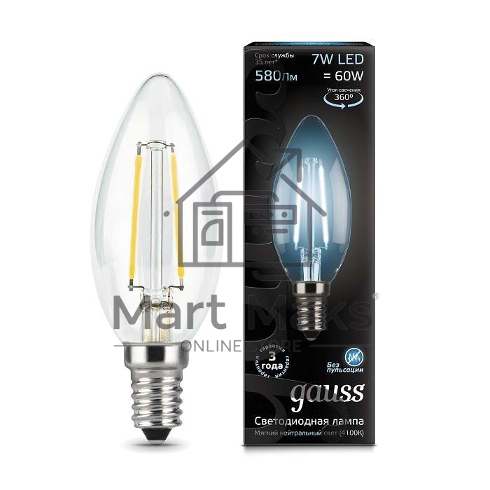 Светодиодная лампа GAUSS 103801207 LED Filament Свеча E14 7W 580lm 4100К 1/10/50