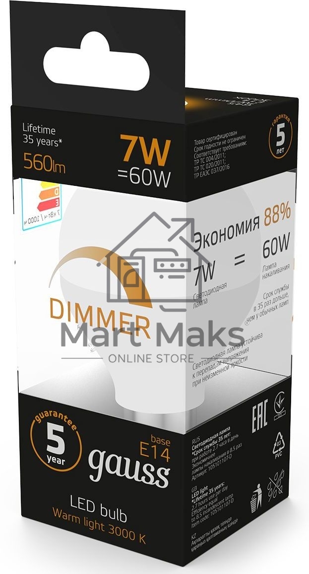 Лампа светодиодная Led Globe-dim E14 7Вт 3000К диммируемая Gauss 105101107-D
