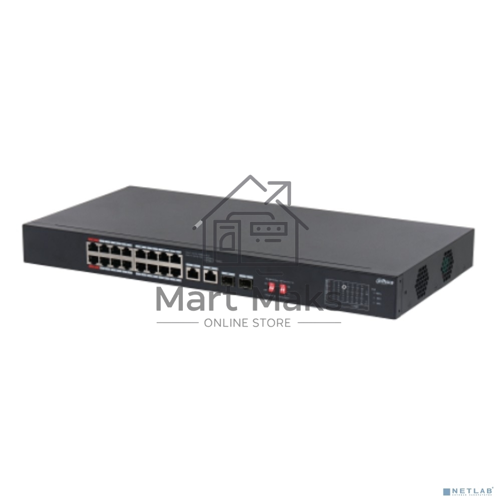 Неуправляемый 16-портовый коммутатор DAHUA DH-S3218-16ET-135 с РоЕ, 16xRJ45 100Mb, 2хКомбо SFP/RJ45 1Gb uplink, суммарно до 135Вт, коммутация 7.2 Гбит/с, MAC-таблица 8К