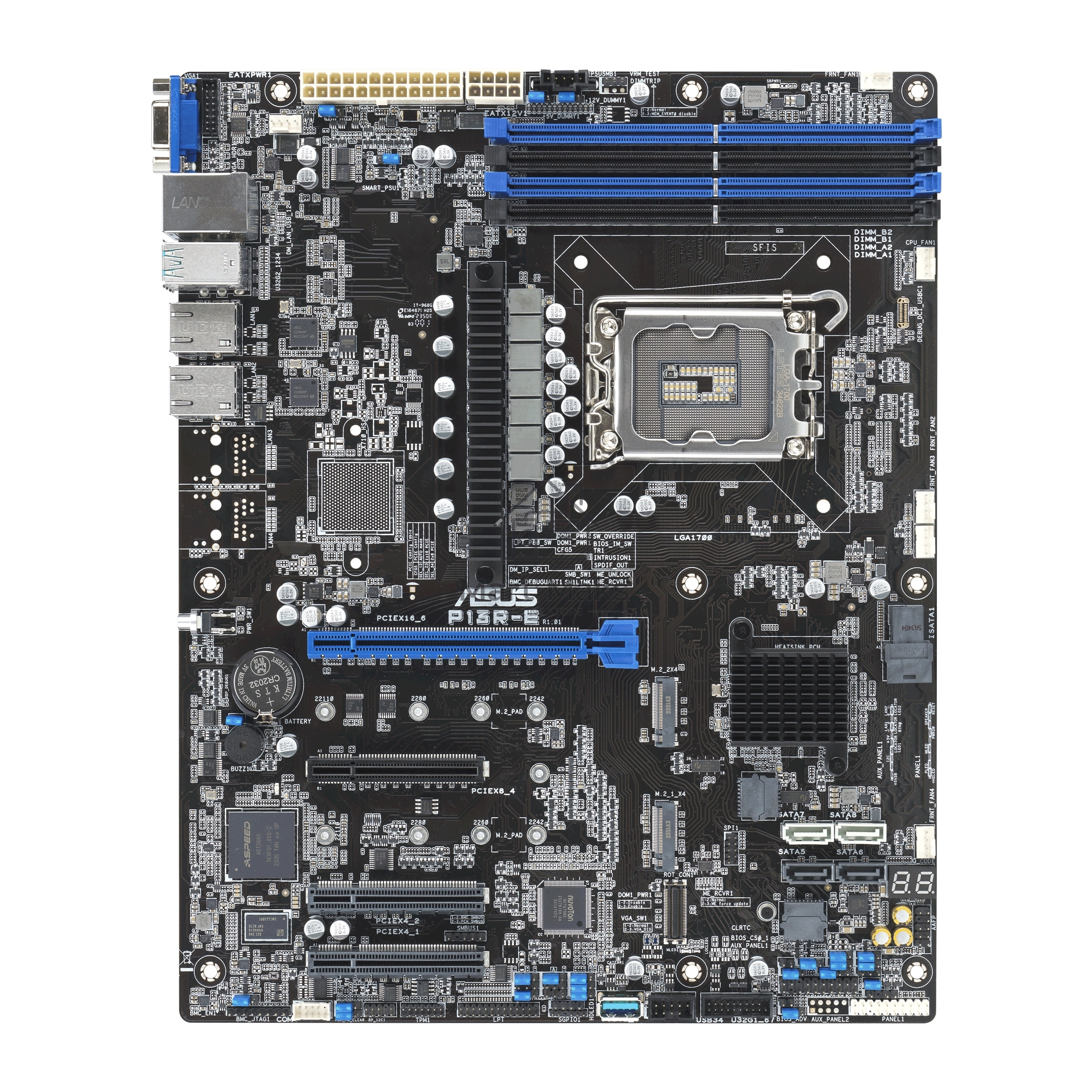 Серверная материнская плата ASUS P13R-E, LGA 1700, Intel C266, 4xDDR5 ECC, 8xSATA, 2xM.2, 1xPCI-E 5.0 x16, 3xPCI-E x8, 2x1Gb LAN, 4xUSB-A 3.2 Gen 2, 2xUSB-A 2.0, 1xVGA, SSI-EEB